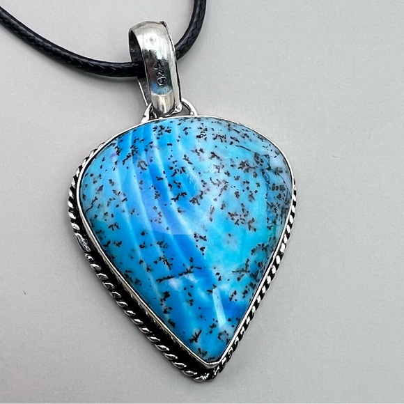 New Blue Dendritic Dendrite Opal Stone Sterling Silver Overlay Pendant Necklace - Picture 3 of 5